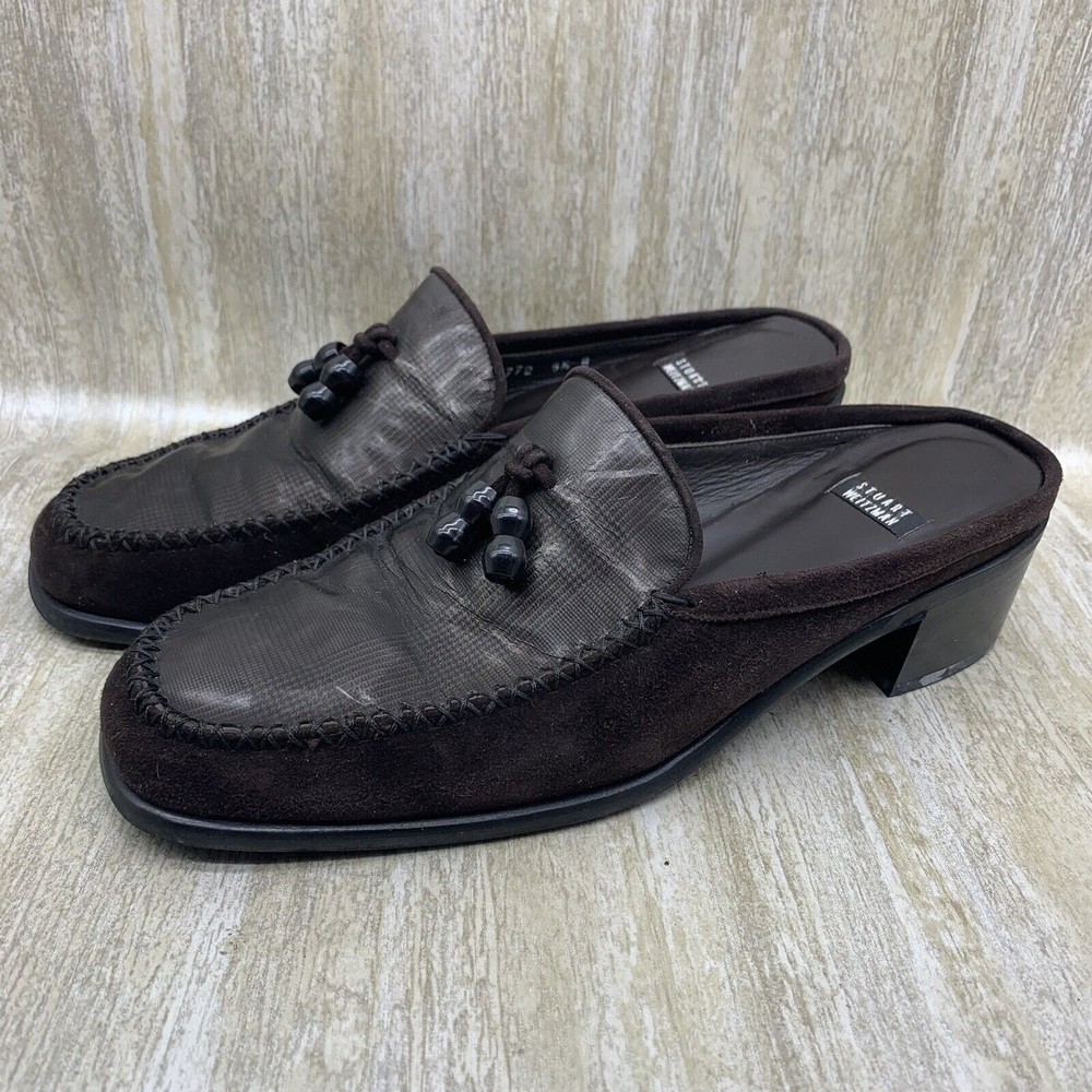 Stuart Weitzman Brown Leather Mules Slides Slip On Shoes Tassle Heeled Women 8.5